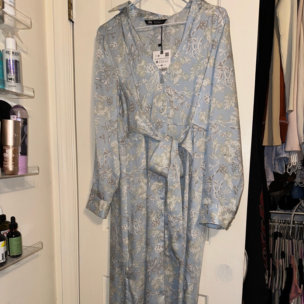 Zara blue dress with floral white pattern NWT